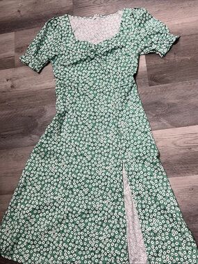 Green Floral Midi Dress with Front Slit
